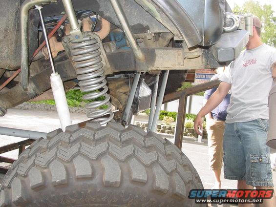 Off-road vehicle suspension and large tire, close-up view