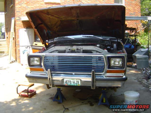 1979 Ford Bronco front end, hood open, on jack stands. License plate 478 HJV