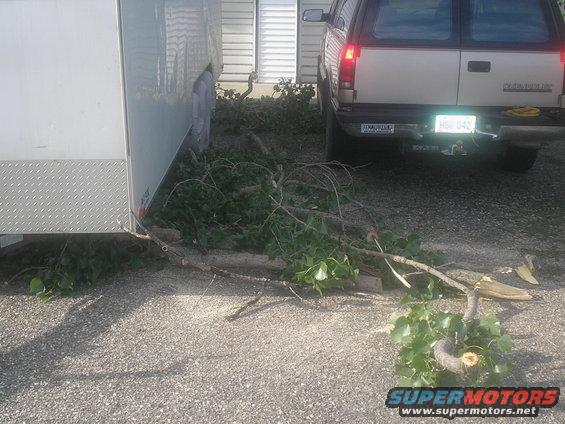 Rear view of a modern SUV parked next to a trailer, with fallen branches on the ground