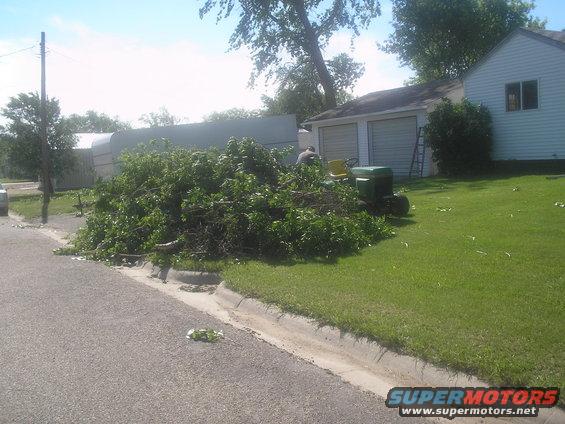 Yard debris piled up next to a residential street, with a lawn tractor nearby. A house and garage are visible in the background