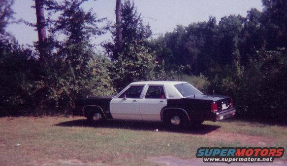 Side view of a black and white sedan parked on grass with trees behind it