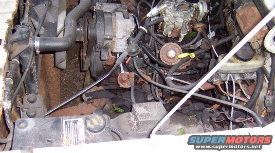 engine bay with hoses, wires, alternator, and carburetor visible