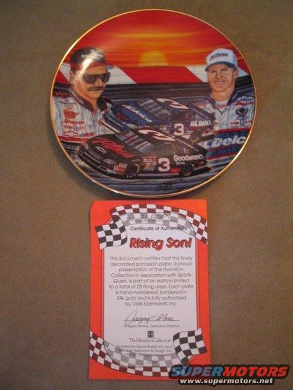 Porcelain plate depicting Dale Earnhardt and Jeff Gordon with race cars, next to a certificate of authenticity