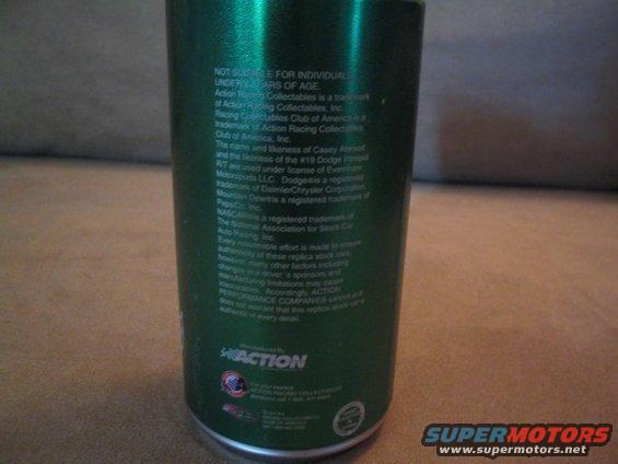 Green can with text detailing Action Racing Collectibles and Dodge