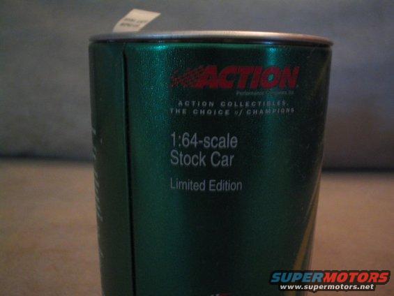 Green tin can with 'Action Collectibles' and '1:64-scale Stock Car Limited Edition' text