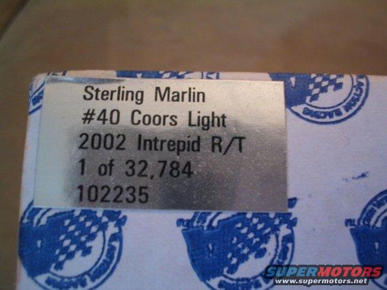 Label on a box reads "2002 Intrepid R/T" and "Sterling Marlin #40 Coors Light"