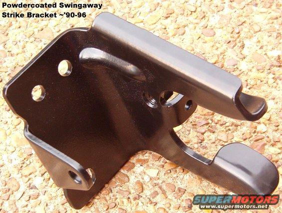 swingawaystrike.jpg SOLD ~'90-96 (Type 3) Swingaway Strike Bracket Powdercoated

Not shown, but included:
3 factory black mounting bolts with captive washer
Rubber bumper installed