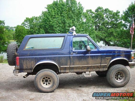 Blue Ford Bronco with a spare tire on the back, parked on a dirt road