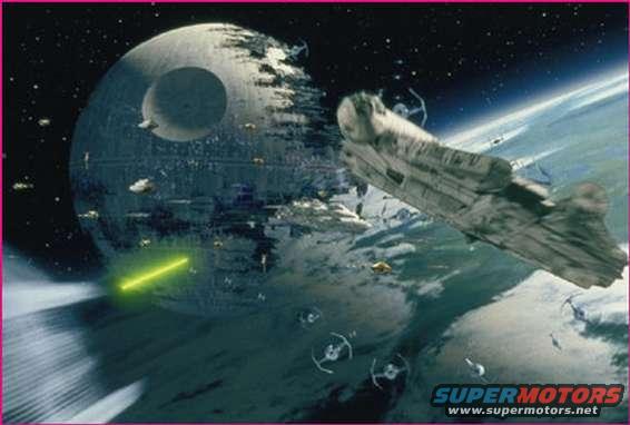 Millennium Falcon flies near Death Star during space battle with TIE fighters