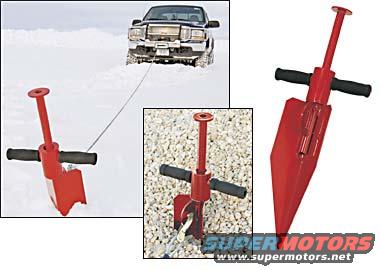 Red ice anchor and truck pulling rope in snow