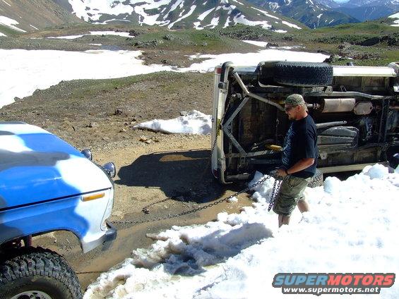 Someone winching a rolled-over SUV out of snow with a camo-patterned truck