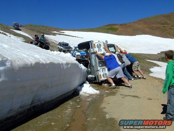 White 1987 Ford Bronco being pushed out of a snowbank by several people