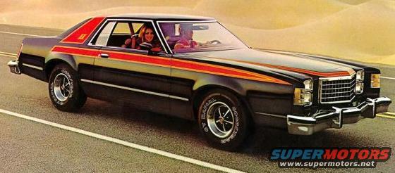 Black 1977 Ford Thunderbird with red and orange racing stripes, seen from a 3/4 front angle on a highway