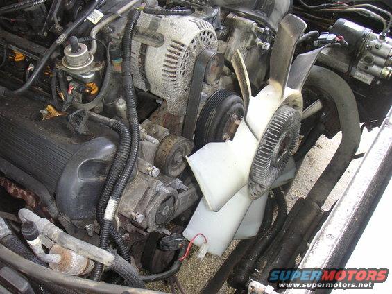 Engine bay with alternator, fan, and hoses visible. Some parts are dusty