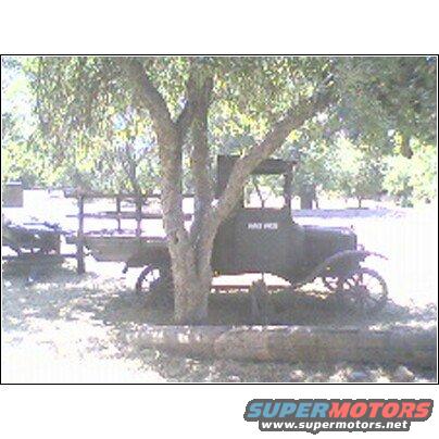 Dark green truck with wooden bed parked under a tree, text on door reads "BAD HOG"