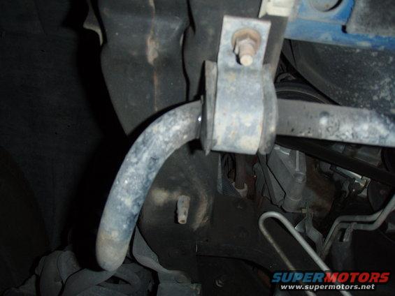 Undercarriage view of a vehicle's sway bar and mounting bracket
