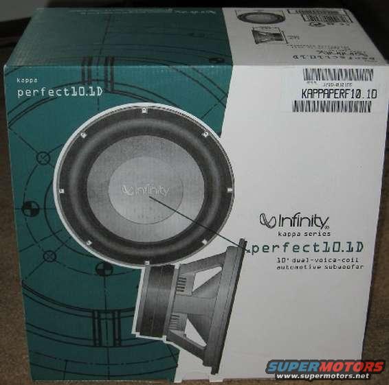Infinity Kappa perfect10.1D subwoofer box with front and side views of the speaker