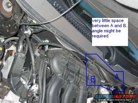 Engine bay strut tower area with labels A and B, and text box