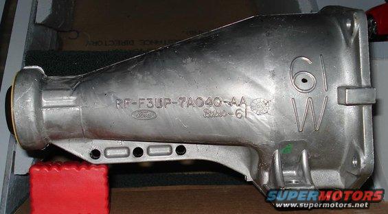 Aluminum transmission tailshaft housing with Ford logo and part number RF-F3UP-7A040-AA