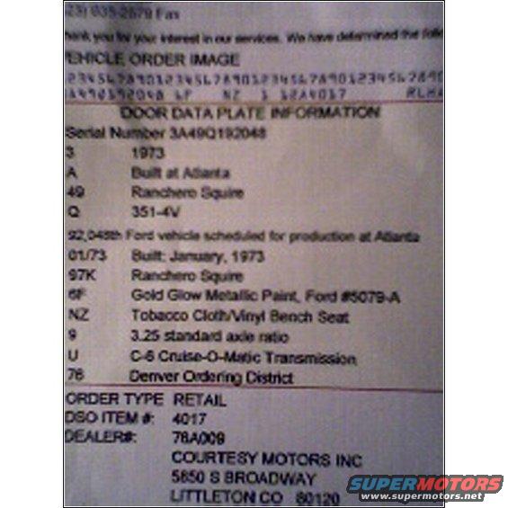Ford vehicle order document with production and dealer information, including VIN and build date