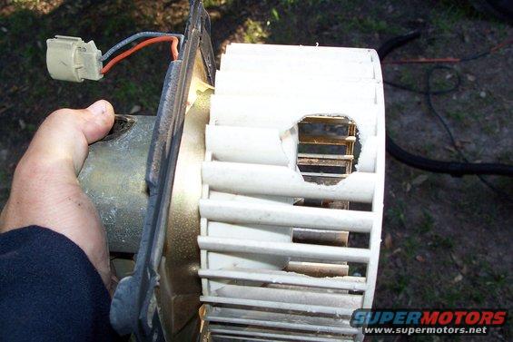 Hand holding a blower motor and fan assembly with damaged fan blades and wiring