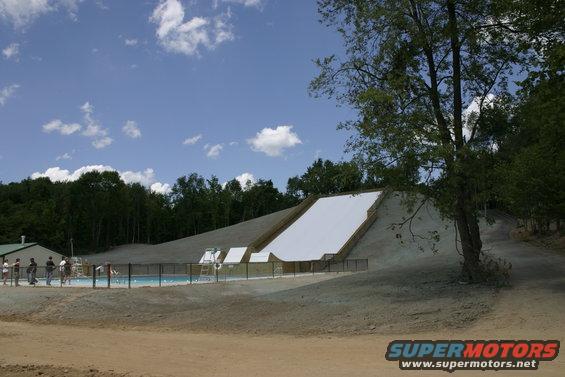 Outdoor recreation area with a large ski jump ramp, a swimming pool, and trees under a blue sky with clouds