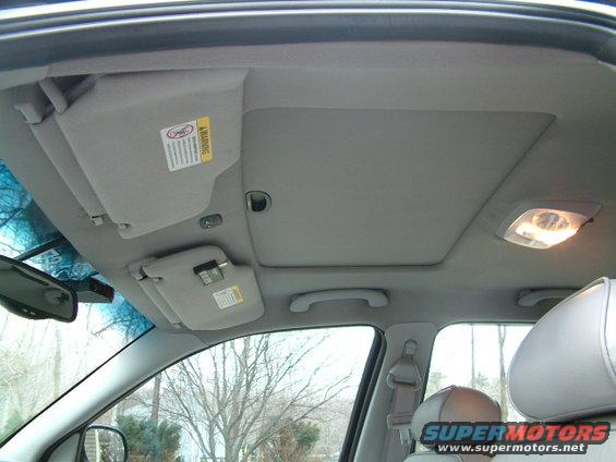 Car interior ceiling with sunroof, sun visors, and overhead lights