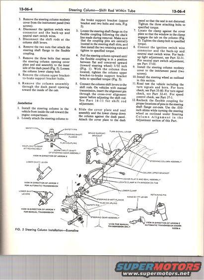 Diagram of steering column installation with labels for parts like steering shaft flange and shift levers