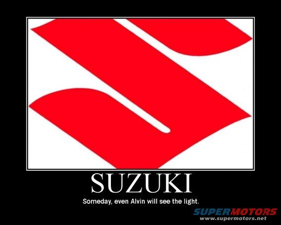 Suzuki logo with text 'SUZUKI' and 'Someday, even Alvin will see the light.'