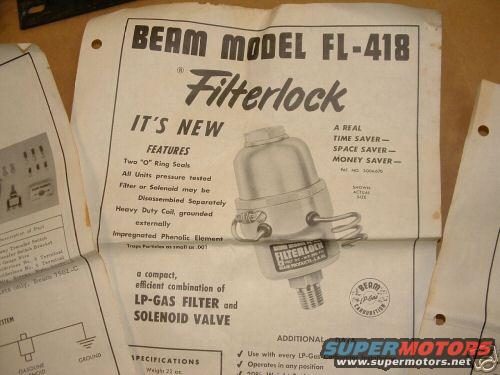 Document detailing Beam Model FL-418 Filterlock LP-Gas filter and solenoid valve