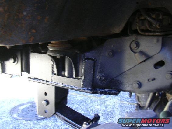 Close-up of vehicle frame with suspension parts and a jack underneath
