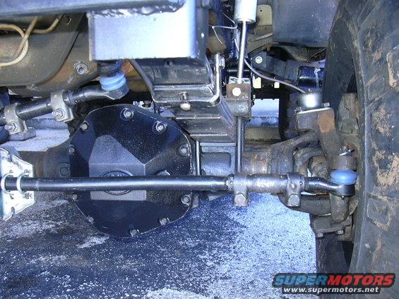 Close-up of a vehicle's front axle, differential cover, leaf springs, and steering linkage