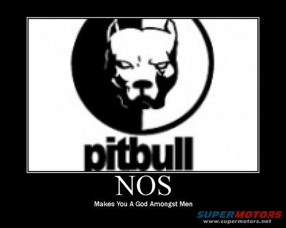 Pitbull logo above text 'NOS Makes You A God Amongst Men'. Supermotors.net logo in corner