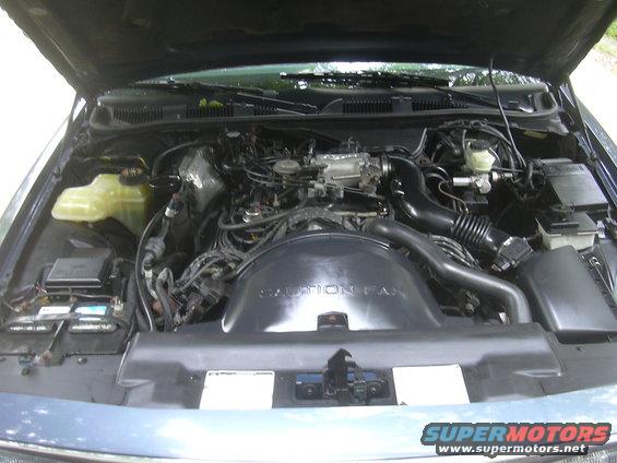 Engine bay with "CAUTION FAN" visible on shroud