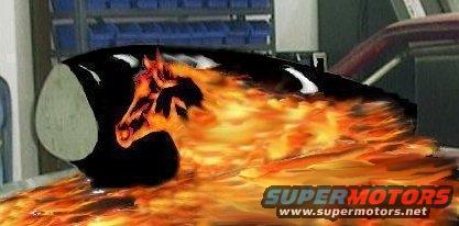 Black engine part with a fiery horse graphic, Supermotors logo visible