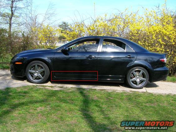 Black sedan side profile with red box highlighting the rocker panel area