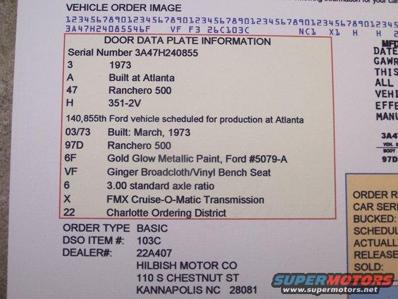 Document showing 1973 Ford vehicle details, including serial number, build date, and options