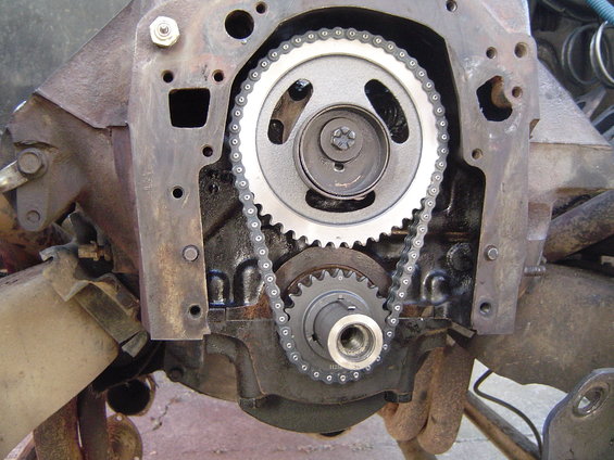Engine timing chain and gears on a block