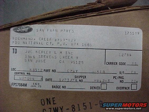 This grille half was sent to the dealer, Joe Kerley LM in San Jose, CA in 1978.