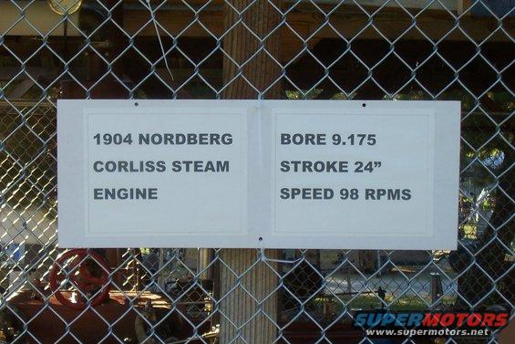 Sign for a 1904 Nordberg Corliss steam engine with bore 9.175, stroke 24", speed 98 RPMs