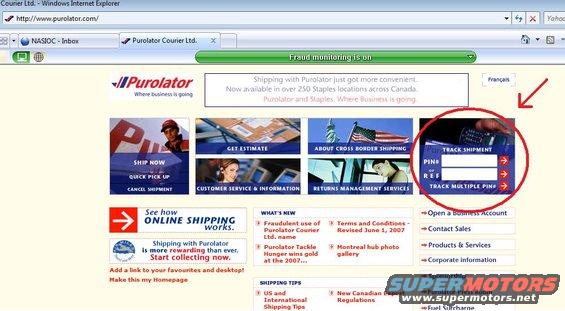 Purolator website tracking section with fields for PIN and REF