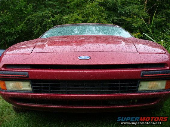 Red 1991 Ford Probe front end with raindrops on the hood and windshield