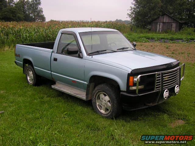 Light blue 1994 pickup truck with chrome grille and bull bar, parked on grass