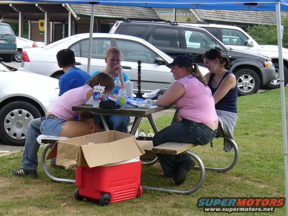 People gathered at a picnic table under a canopy, with several cars parked nearby