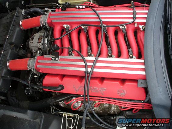 Red V10 engine with Viper badging and silver stripes on intake manifold