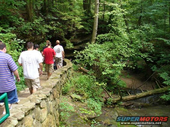 People walking on a stone path in a lush green forest with a stream