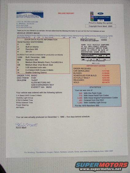 Marti AutoWorks Deluxe Report document detailing a 1970 Ford Ranchero 500