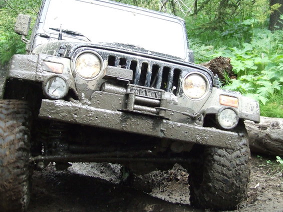 Mud-covered Jeep Wrangler front end with a winch, stuck in a muddy forest trail