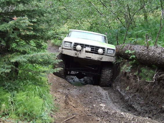 Green off-road vehicle with large tires navigating a steep, muddy trail with a fallen tree nearby