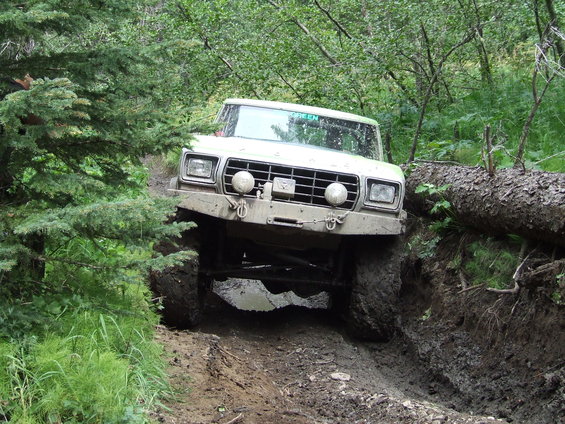 Ford Bronco with large tires navigating a steep, muddy off-road trail with a fallen tree nearby. Text 'GREEN' visible on windshield